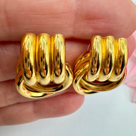 Vintage Knot Pipe Door Knocker Earrings Chunky Retro 80s 90s Gold Tone Runway - Picture 3 of 6